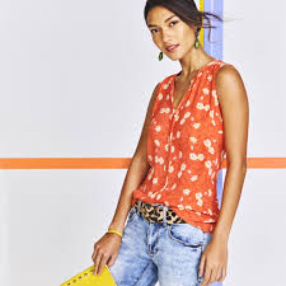Cabi Orange Floral Sleeveless Vaca Top V Neck Small S